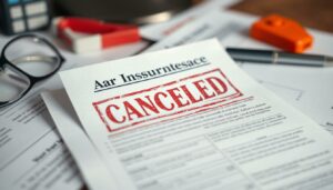 A modern car insurance policy document with a prominent "CANCELED" stamp, set against a blurred background of insurance paperwork and office supplies. The document should have a sense of concern and uncertainty, reflecting the challenges of finding a new insurer after a policy has been terminated. The lighting should be neutral, with a slight focus on the canceled policy to draw the viewer's attention. The overall mood should convey the importance of carefully considering options when faced with a canceled auto insurance policy.