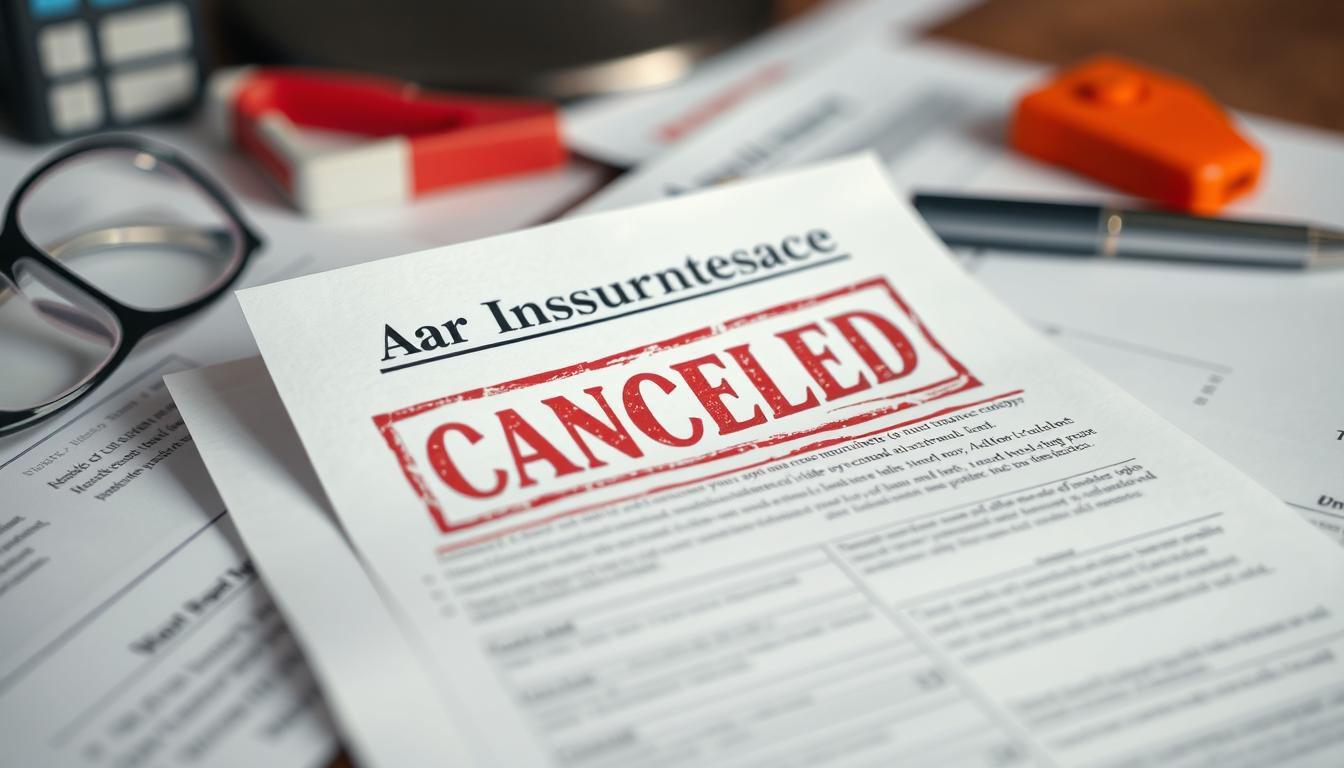A modern car insurance policy document with a prominent "CANCELED" stamp, set against a blurred background of insurance paperwork and office supplies. The document should have a sense of concern and uncertainty, reflecting the challenges of finding a new insurer after a policy has been terminated. The lighting should be neutral, with a slight focus on the canceled policy to draw the viewer's attention. The overall mood should convey the importance of carefully considering options when faced with a canceled auto insurance policy.