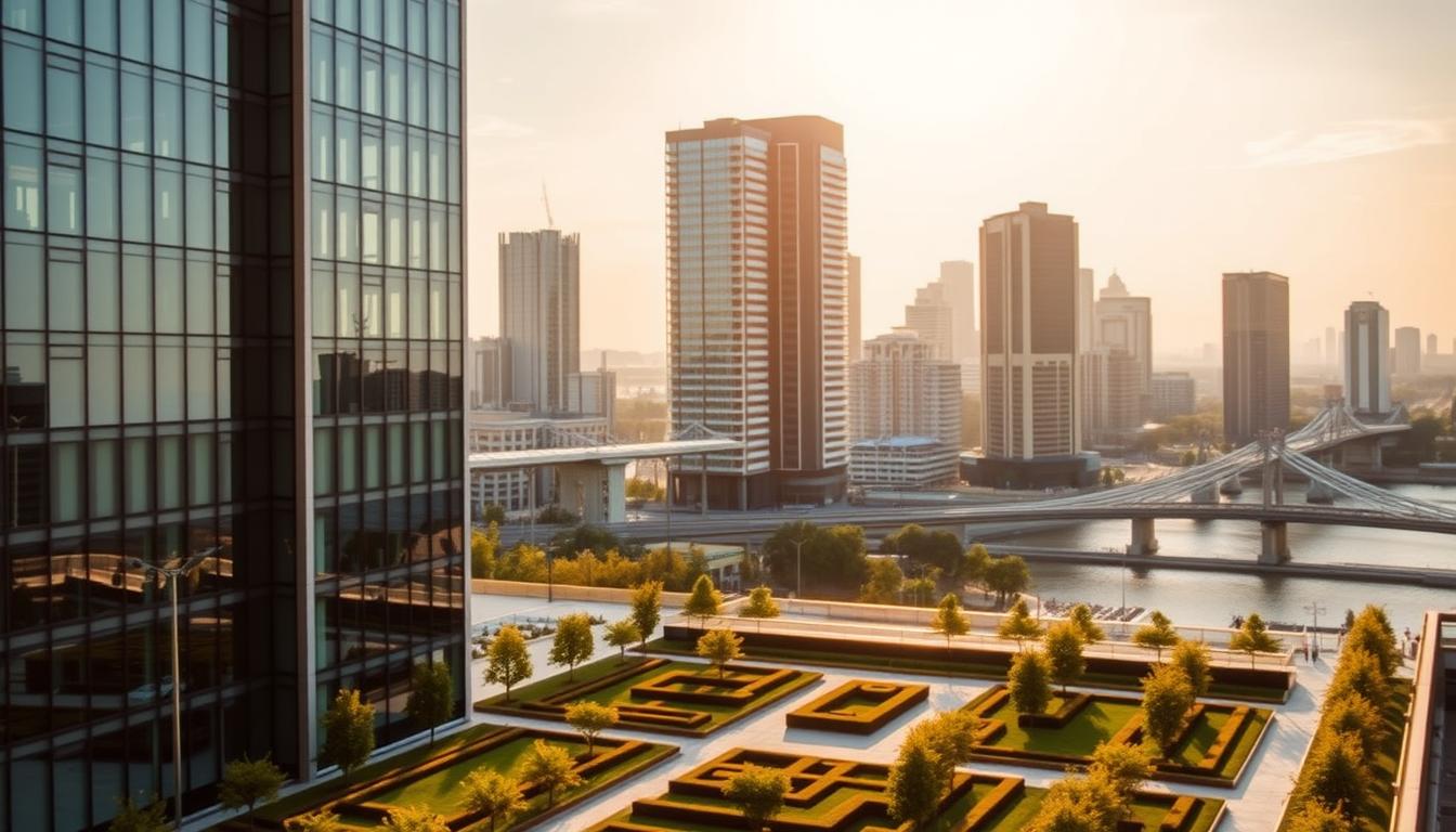 A modern, minimalist architectural image showcasing "assurance dommages ouvrage". In the foreground, a sleek, glass-walled building stands tall, reflecting the sky and surrounding environment. The middle ground features a neatly landscaped courtyard with carefully manicured greenery. In the background, a cityscape of high-rise buildings and bridges creates a dynamic urban setting. The scene is bathed in warm, golden afternoon light, conveying a sense of stability, security, and trustworthiness. The overall composition emphasizes the confidence and reliability associated with "assurance dommages ouvrage".