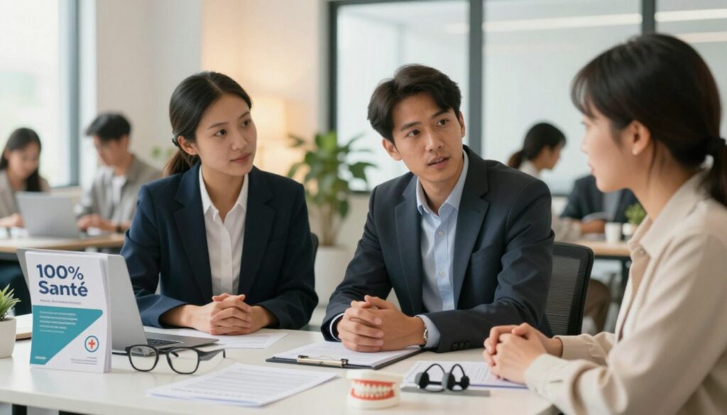 A-professional-and-informative-scene-showing-a-diverse-group-of-individuals-in-a-modern-office--1024x585 Lunettes, dents, prothèses auditives : Que reste-t-il vraiment à votre charge avec le 100% Santé ?