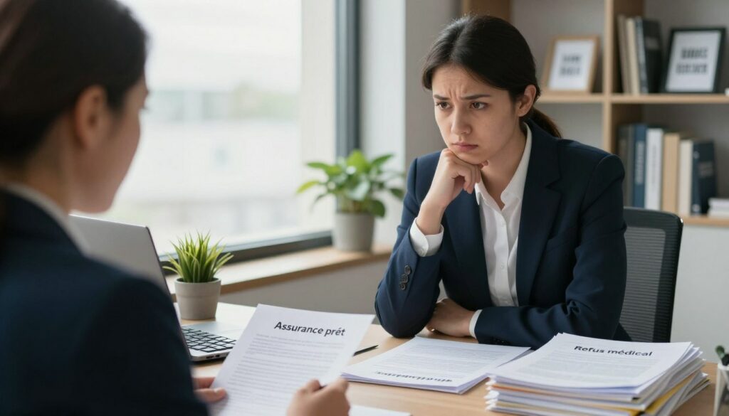 A-professional-office-setting-with-a-concerned-borrower-facing-a-desk-piled-with-paperwork-1024x585 Assurance de prêt et refus médical : Ce qui change avec la suppression du questionnaire